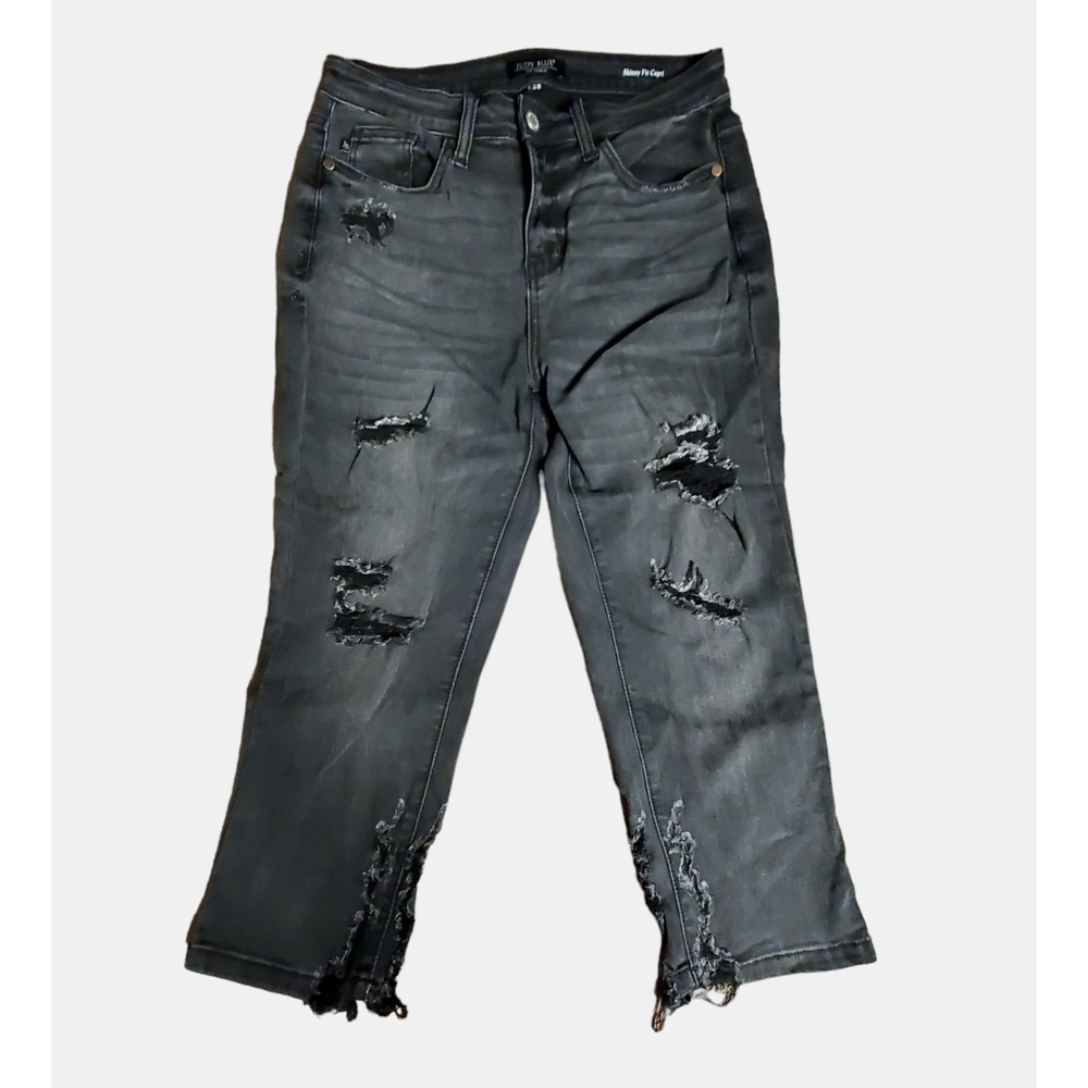 Judy Blue Skinny Fit Capri Distressed Jeans‎ Womens 7/28 Black Denim Casual